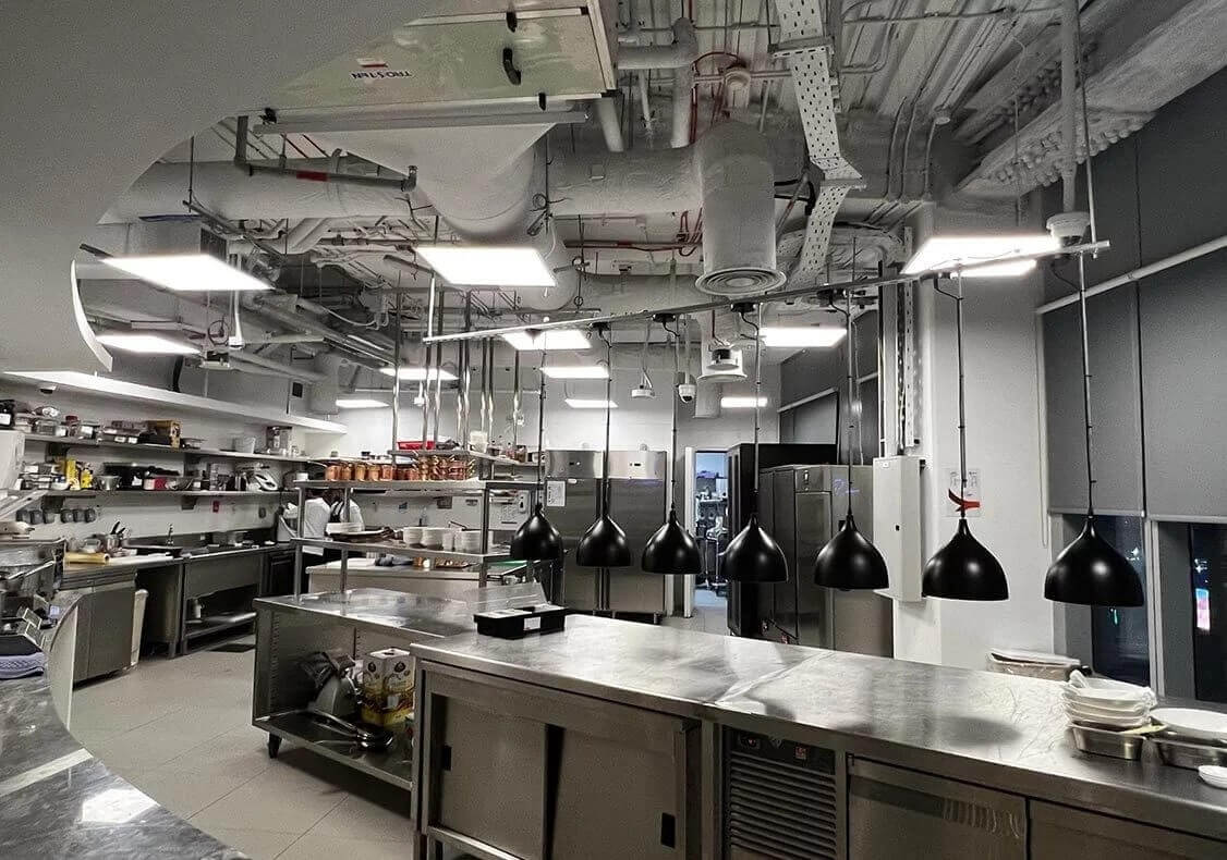 Custom lights in a commercial kitchen