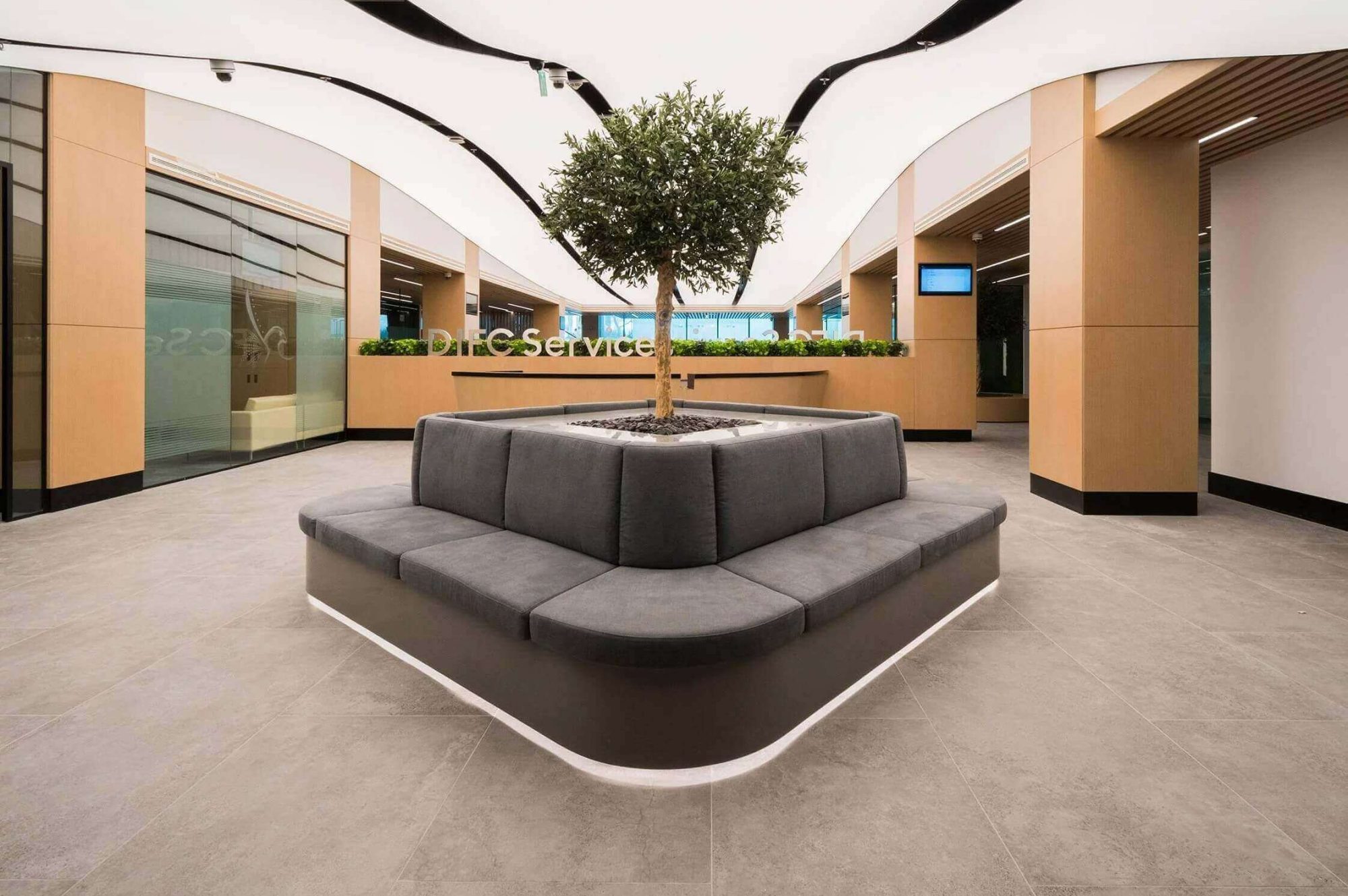 cureved sofas in an office building with curved ligt box.