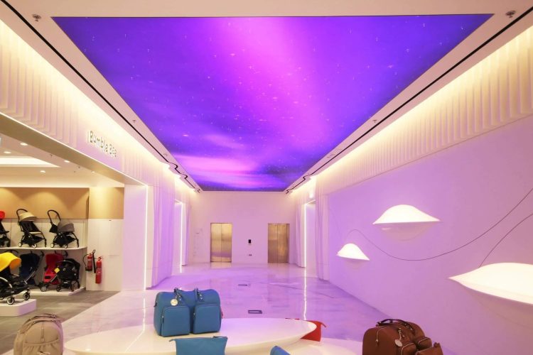 pink and purple stretched ceiling design in and shop