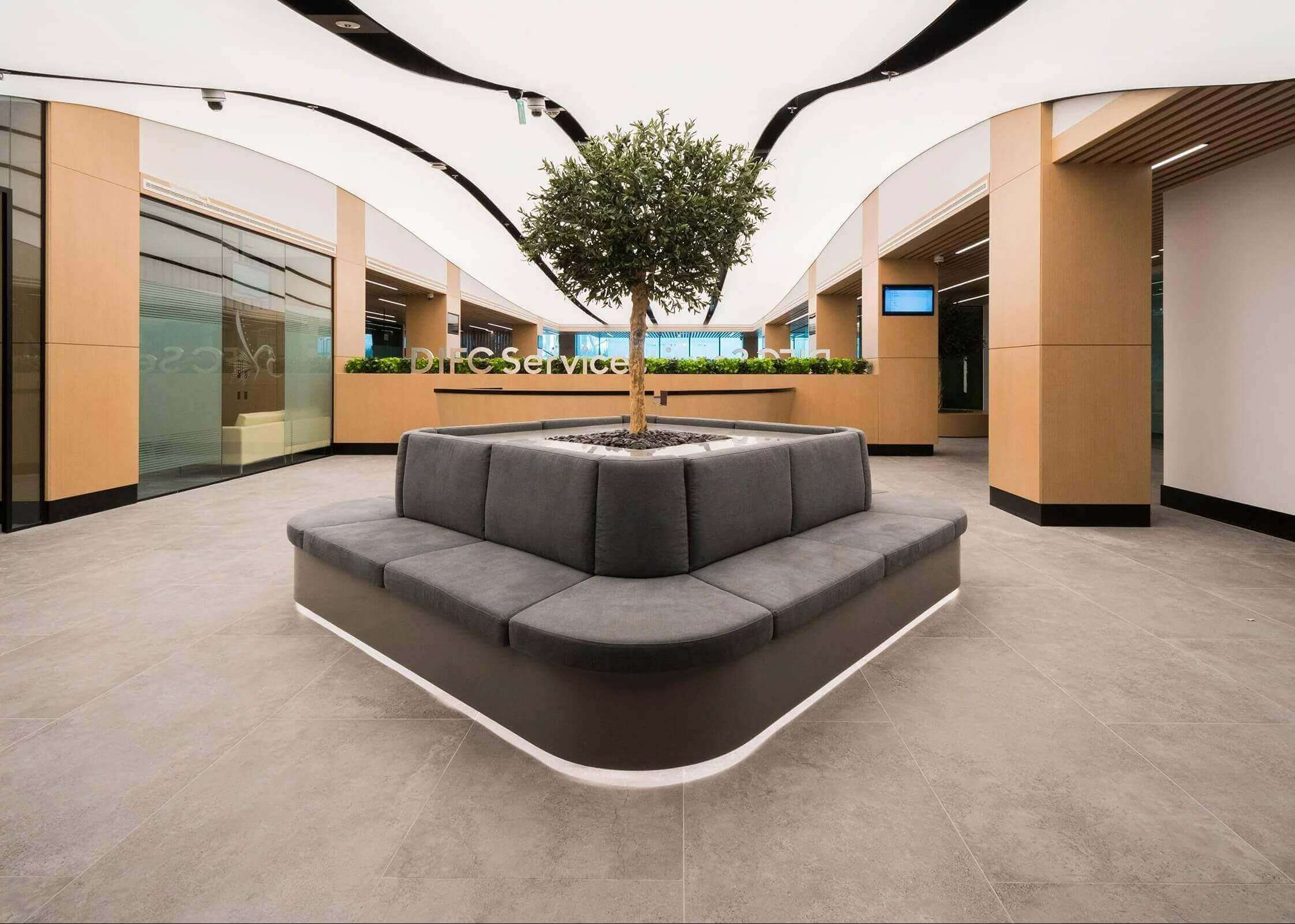 cureved sofas in an office building with curved ligt box.