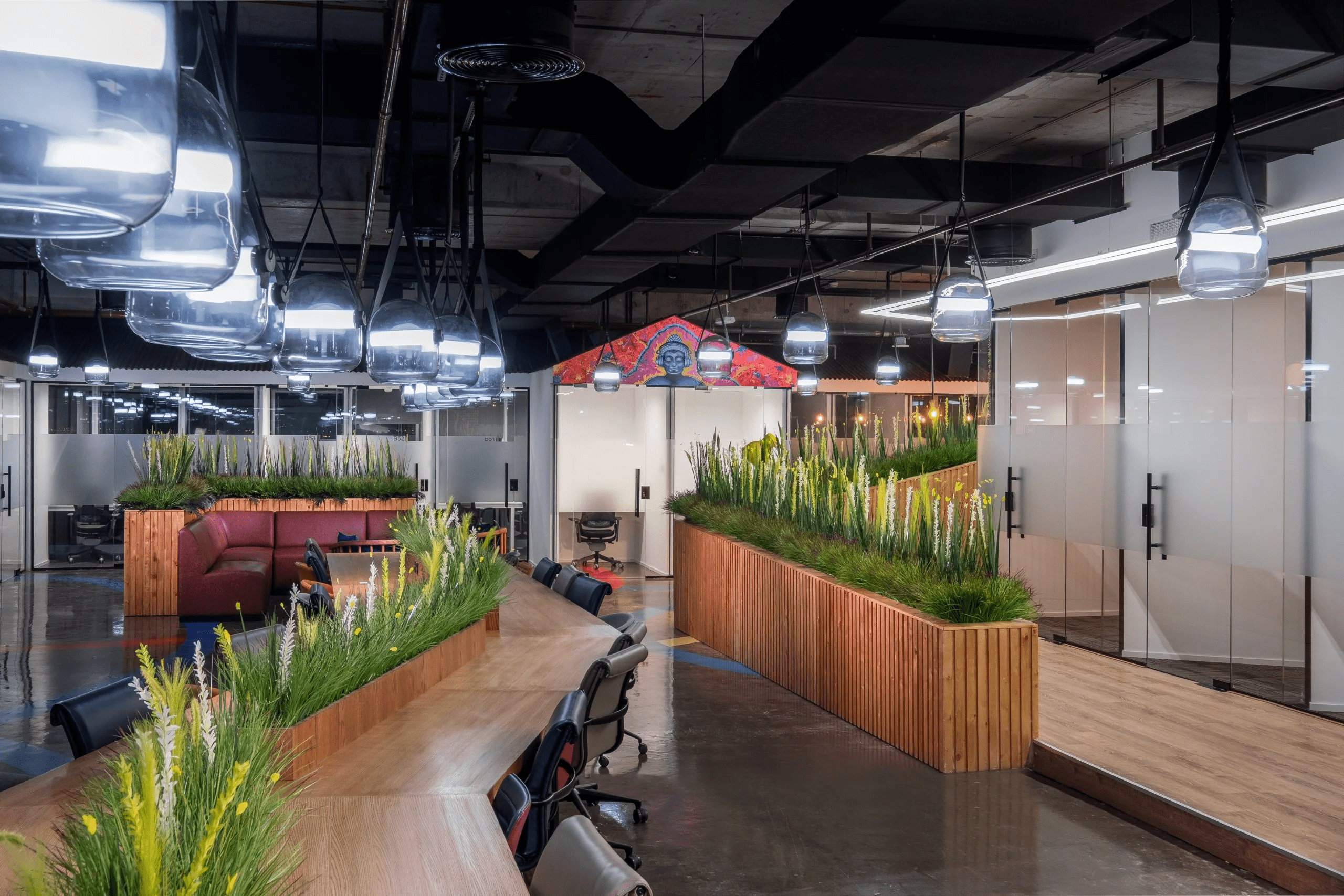 LED office lighting with fresh plants