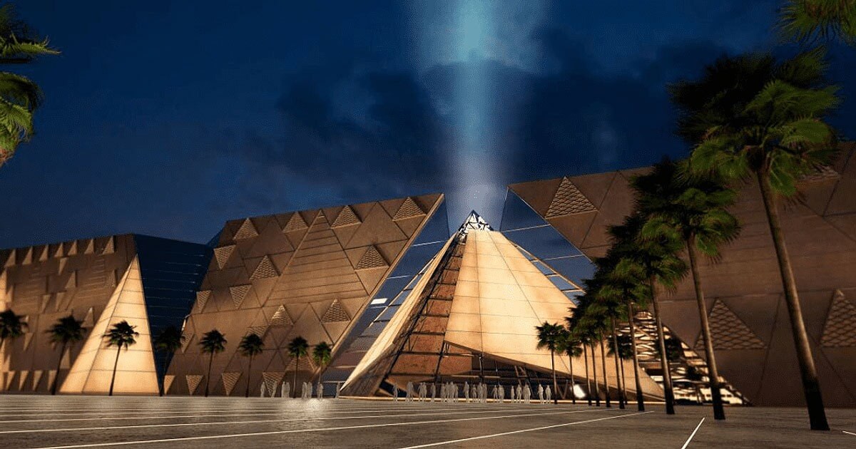 Image of The Grand Egyptian Museum at night.