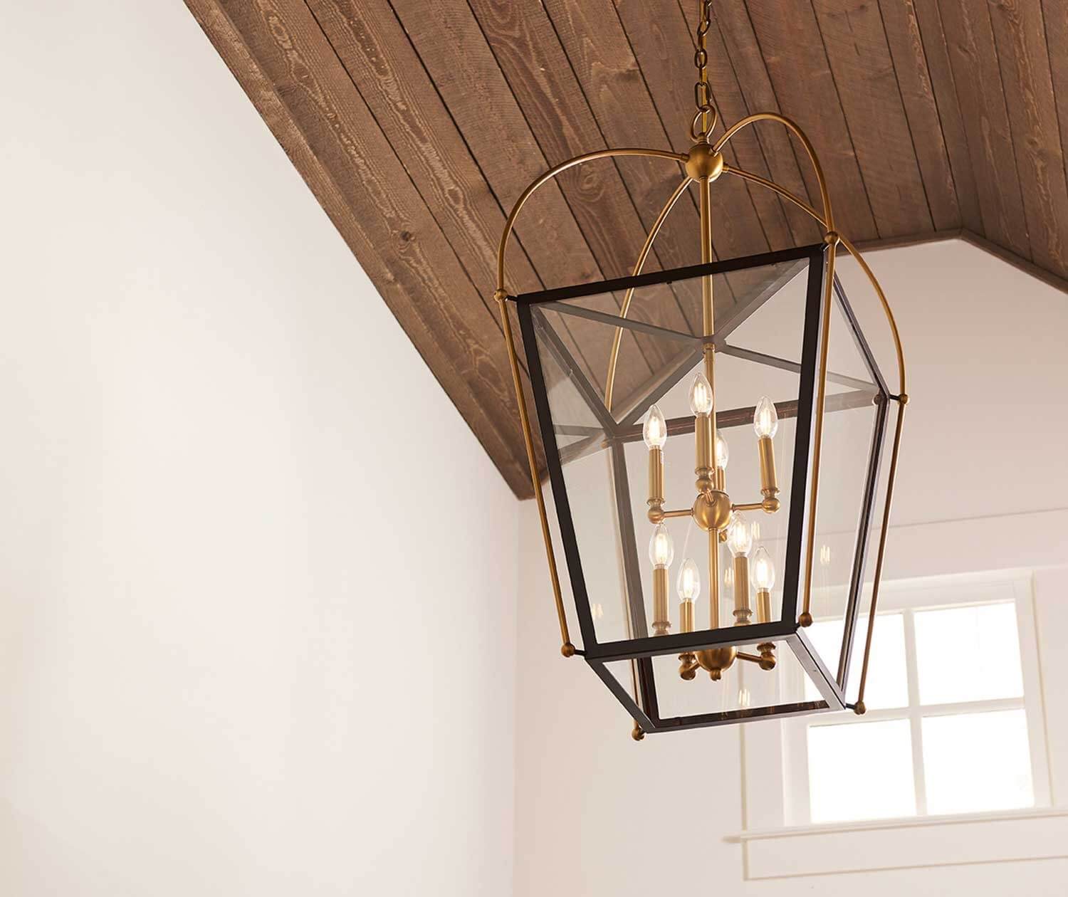 Light hanging from wooden ceiling