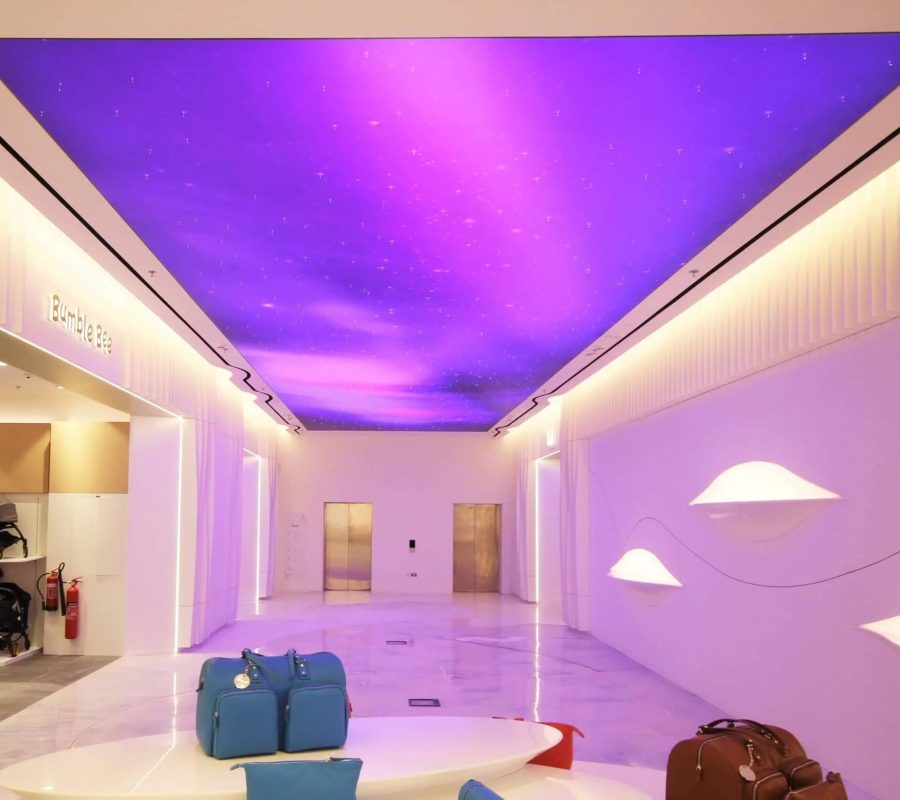 pink and purple stretched ceiling design in and shop