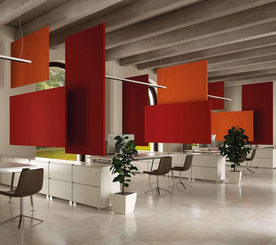 Office space with red and orange desk separators