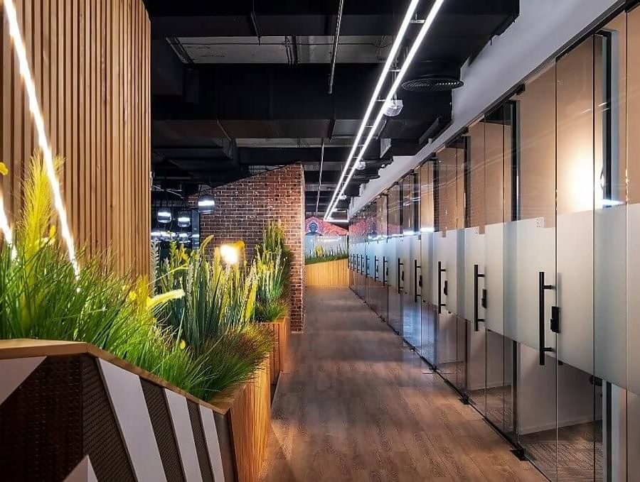 Rustic and contemporary office space with greenery