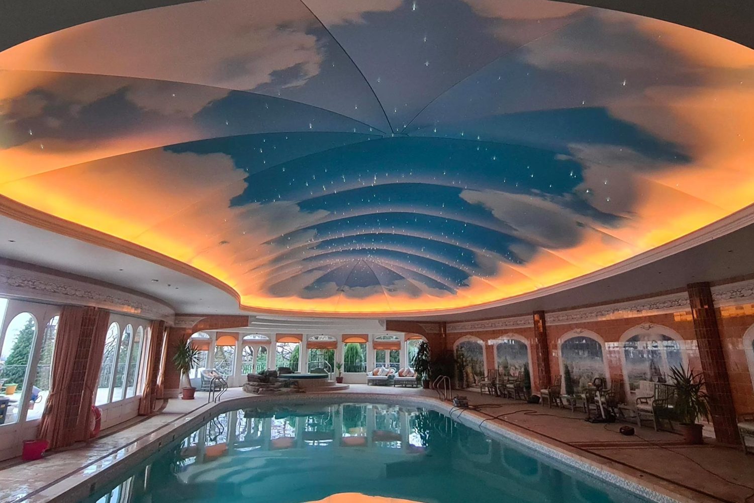 printed stretch swimming pool ceiling with fibre optics