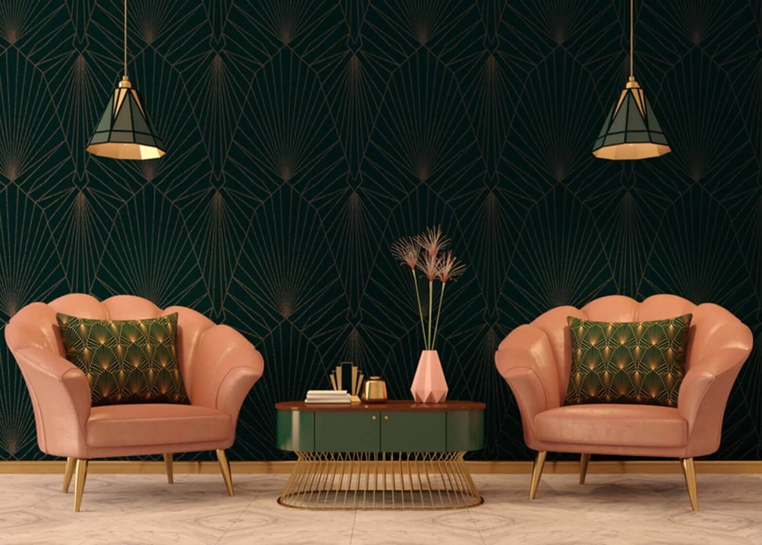 dusty pink and dark green art deco